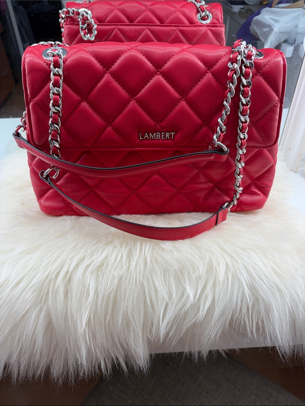 Quilted Shoulder Bag in Red with Chain Straps